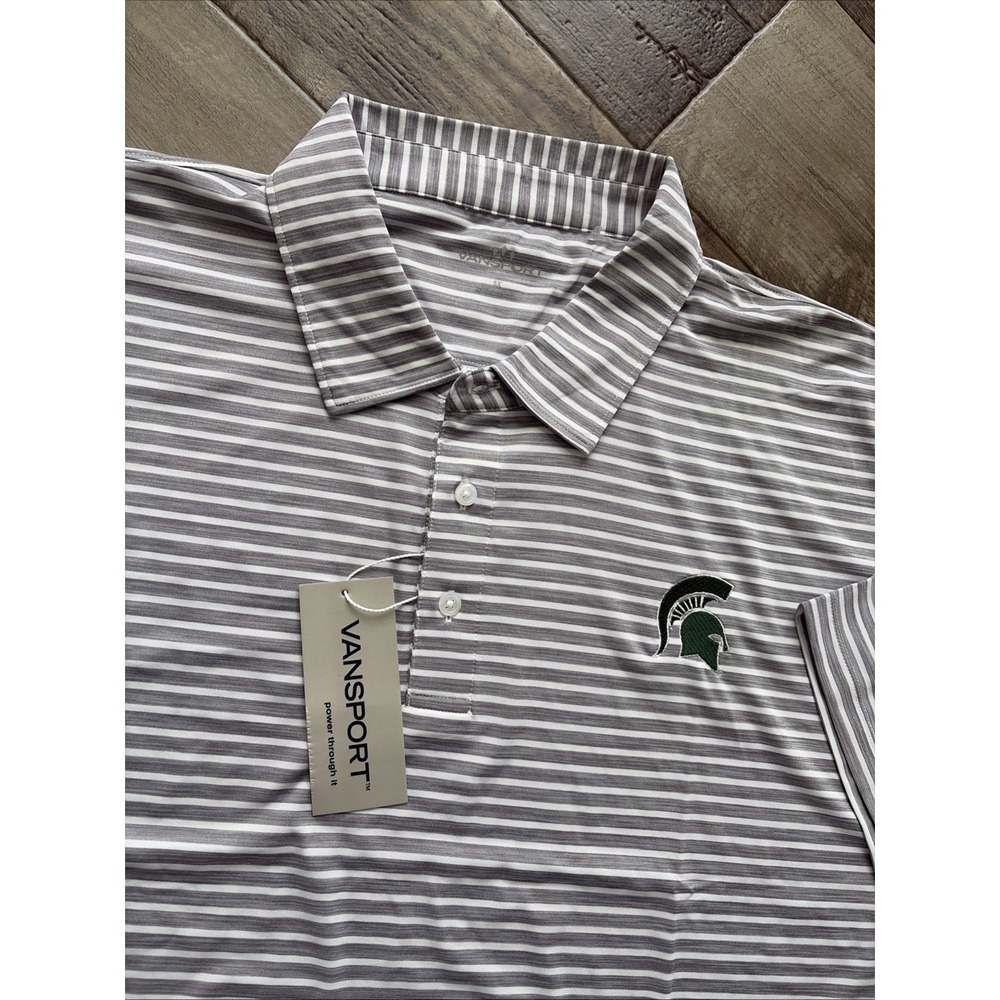 Michigan State Spartans Vansport Performance Logo Striped Polo Shirt Men's 5XL‎